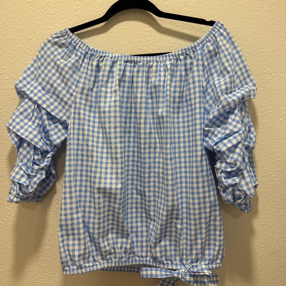 CeCe Light Blue Gingham Ruffle Sleeve Blouse - Picture 1 of 4